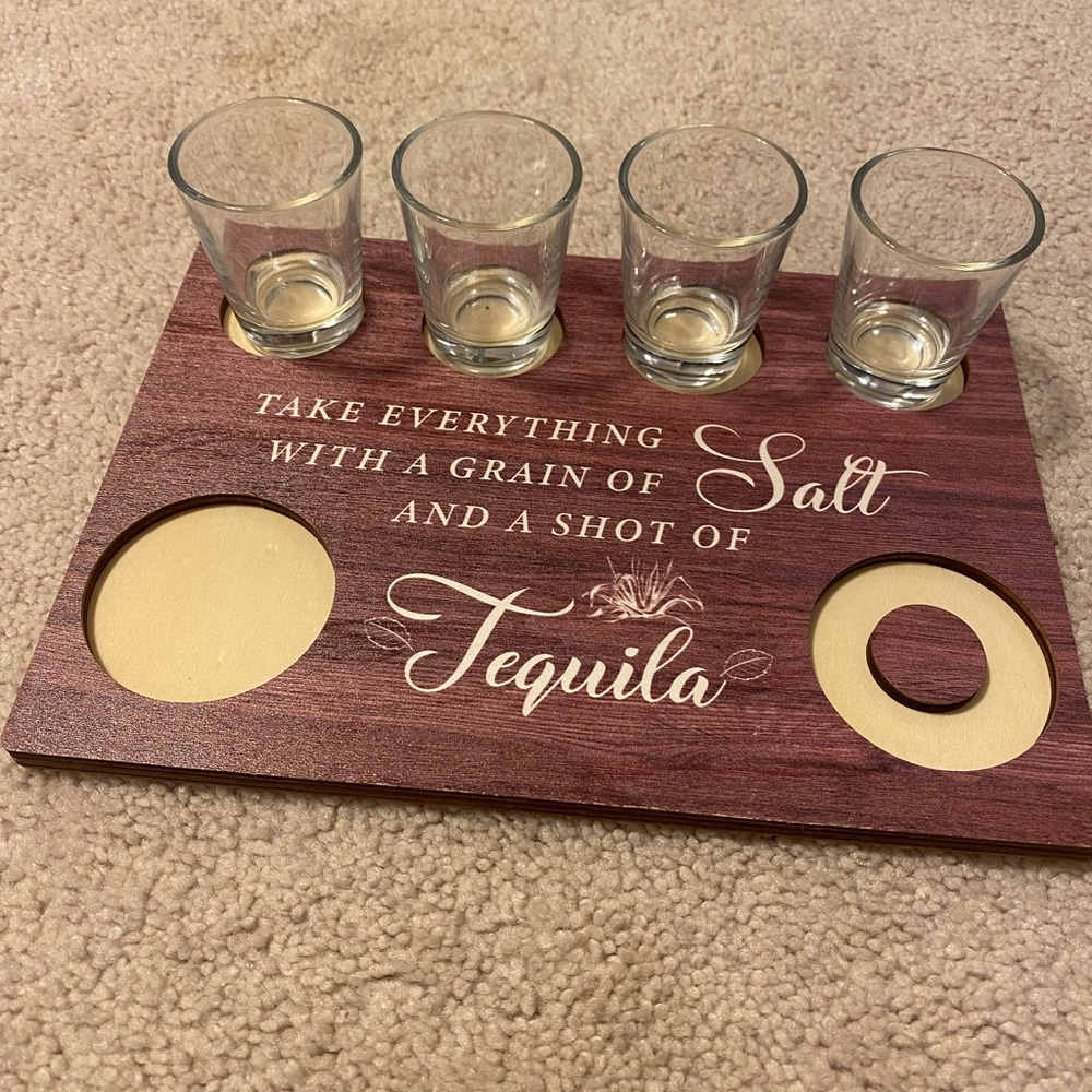 Set of 4 shot glasses and Wooden Prep Board